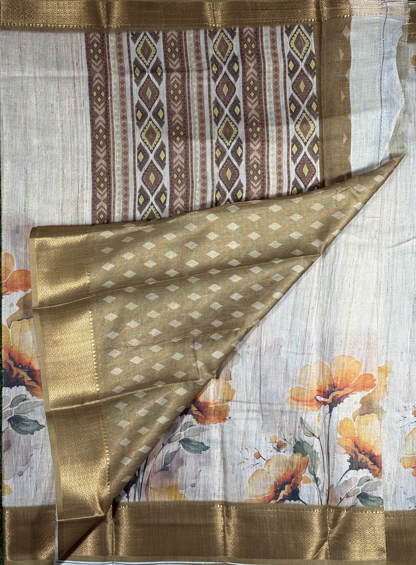 Designer Saree in Beige & Yellow with Digital Floral Print & Antique Zari Border