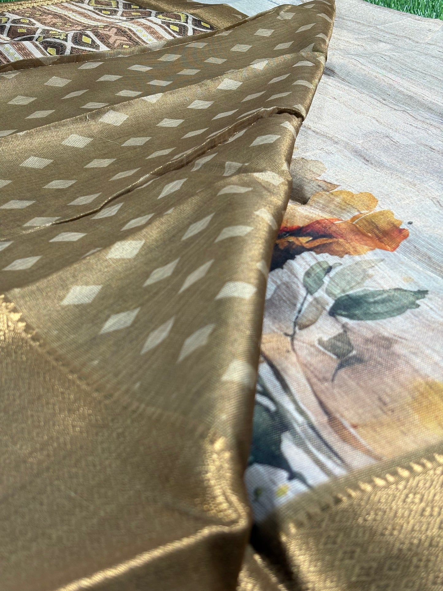 Designer Saree in Beige & Yellow with Digital Floral Print & Antique Zari Border