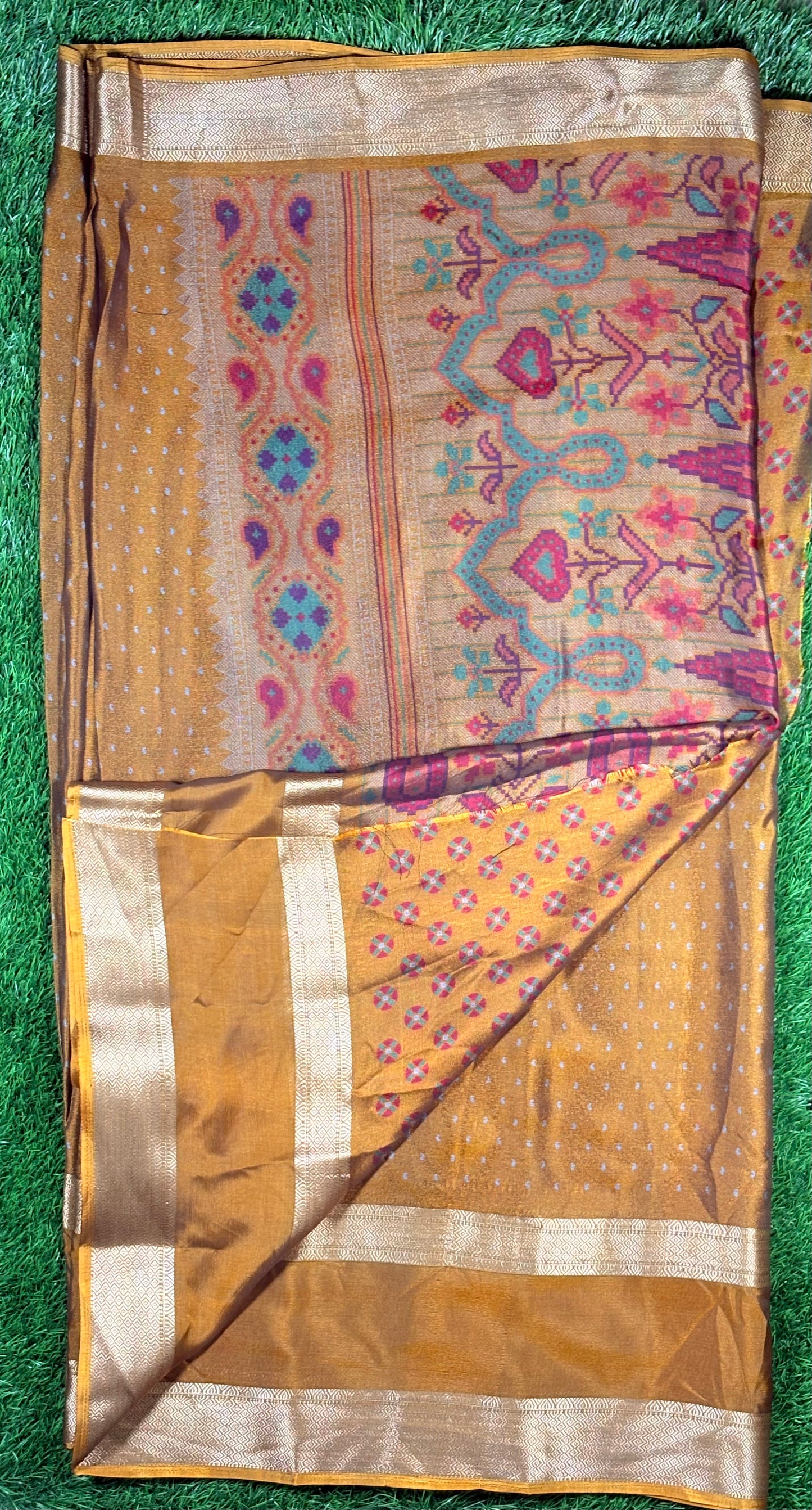 Flowy Chiffon Designer Saree with Antique Zari Border & Small Buttas