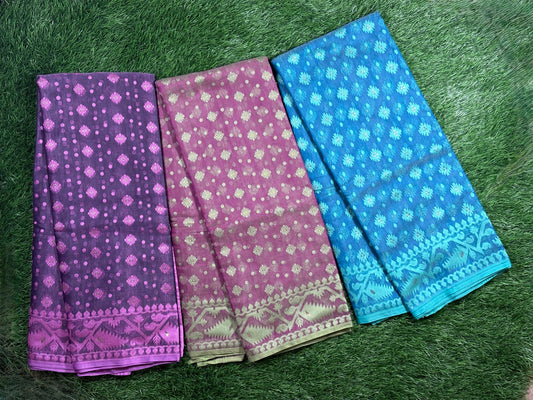 Traditional Jamdani Cotton Saree with Woven Floral Motifs