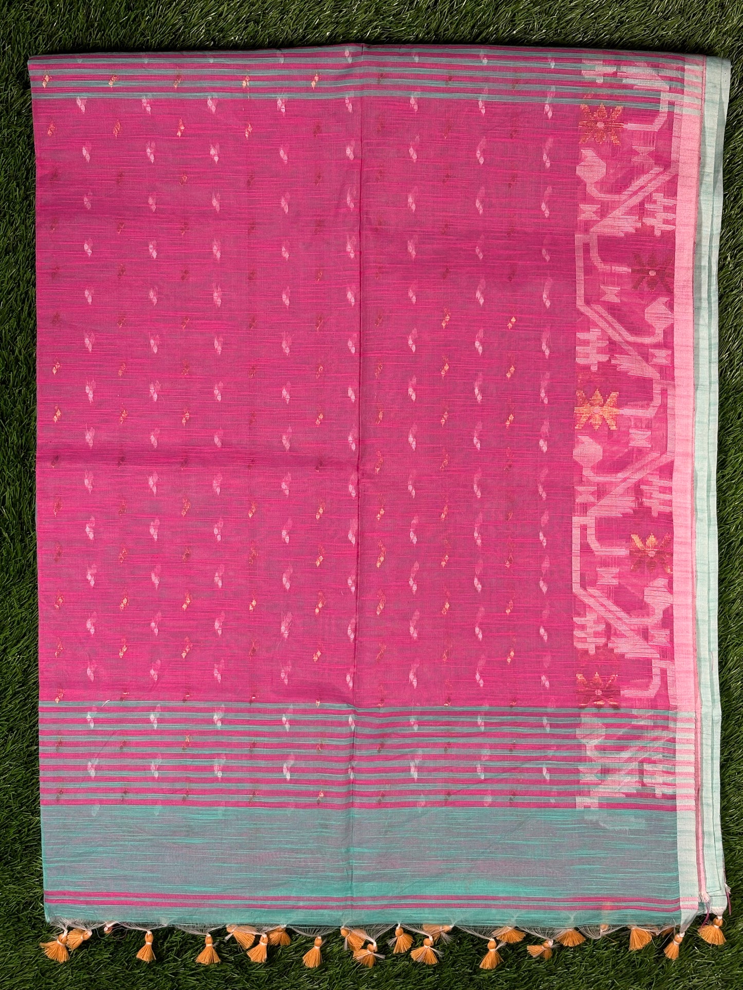 Soft Jamdani Cotton Saree with Geometric Woven Motifs & Contrast Border