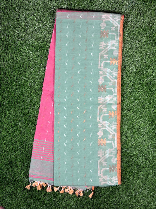 Soft Jamdani Cotton Saree with Geometric Woven Motifs & Contrast Border