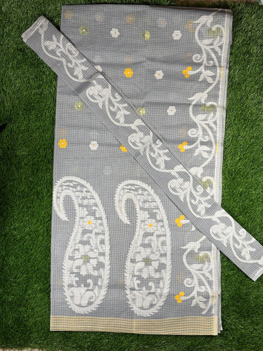 Jamdani Cotton Saree with Woven Paisley & Floral Motifs