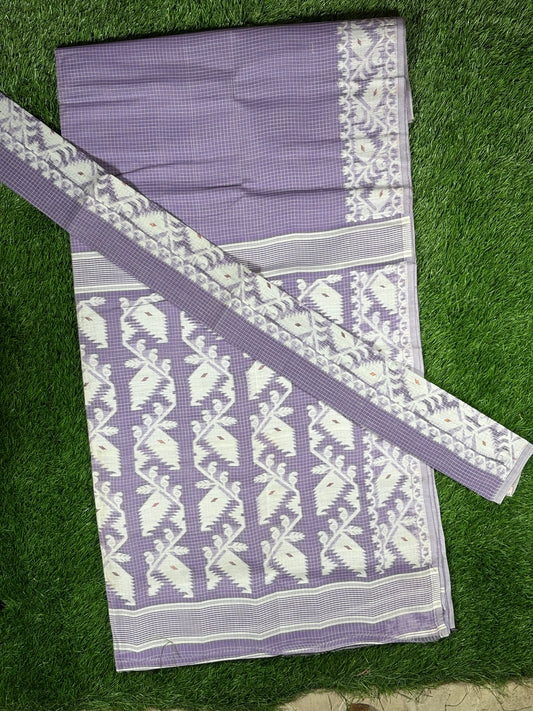 Soft Jamdani Cotton Saree with Self-Checks & White Thread Weave