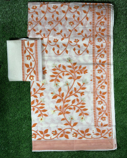 Jamdani Cotton Saree with Woven Floral Vine (Bel) Motif