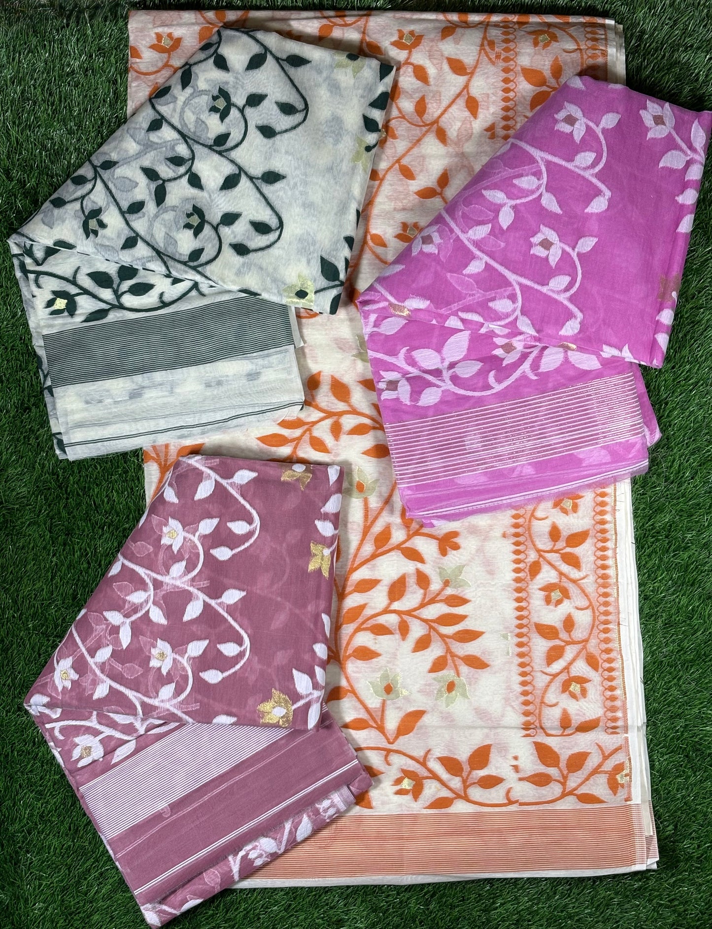 Jamdani Cotton Saree with Woven Floral Vine (Bel) Motif