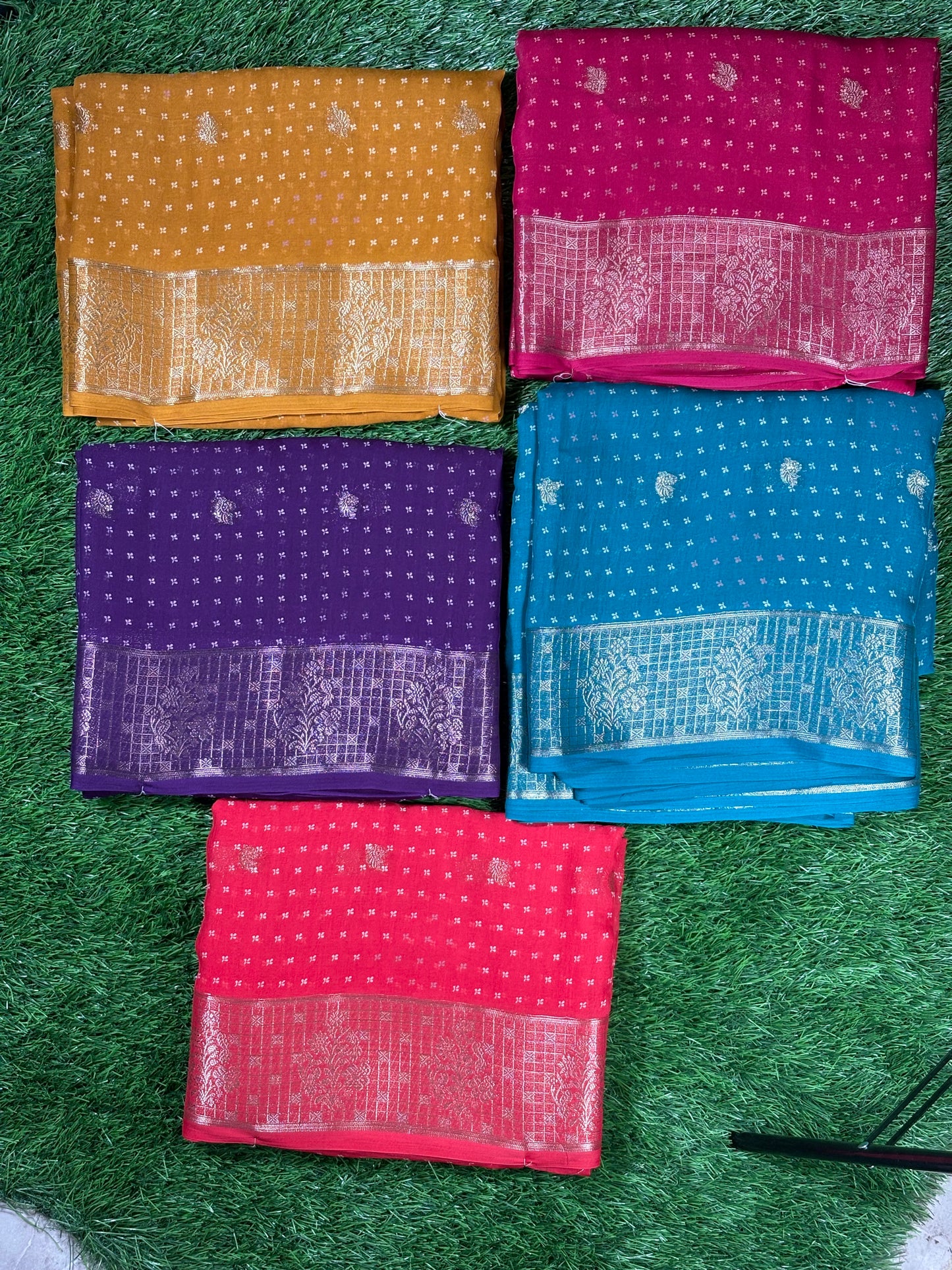 Fancy Georgette Designer Saree with Silver Zari Border & Ikat Pallu