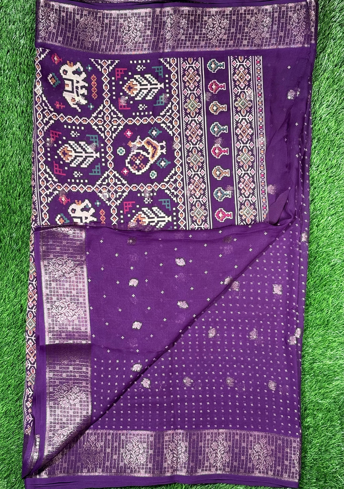 Fancy Georgette Designer Saree with Silver Zari Border & Ikat Pallu